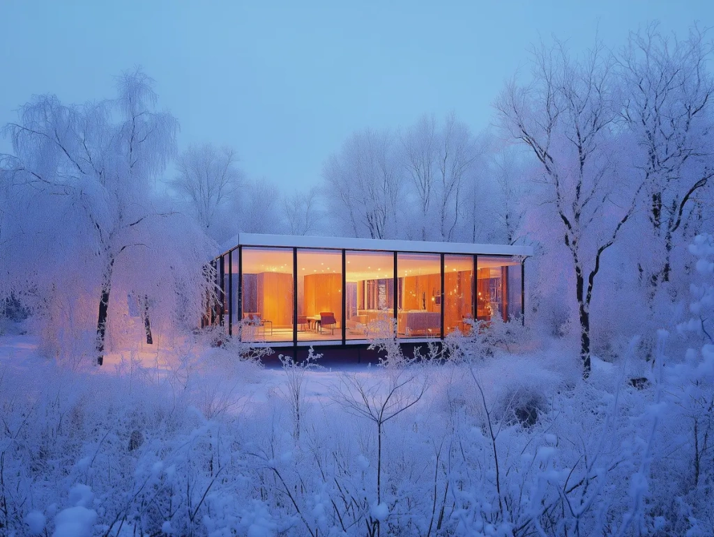 Modern Glass House in Snowy Landscape.webp