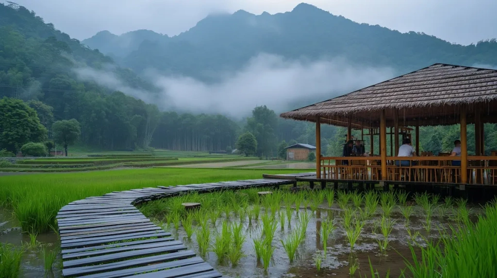 Serene Rural Landscape with Thatch-roofed Pavilion.webp