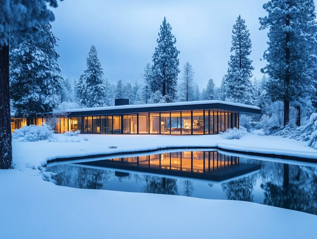 Modern Glass Building in Snowy Landscape.webp